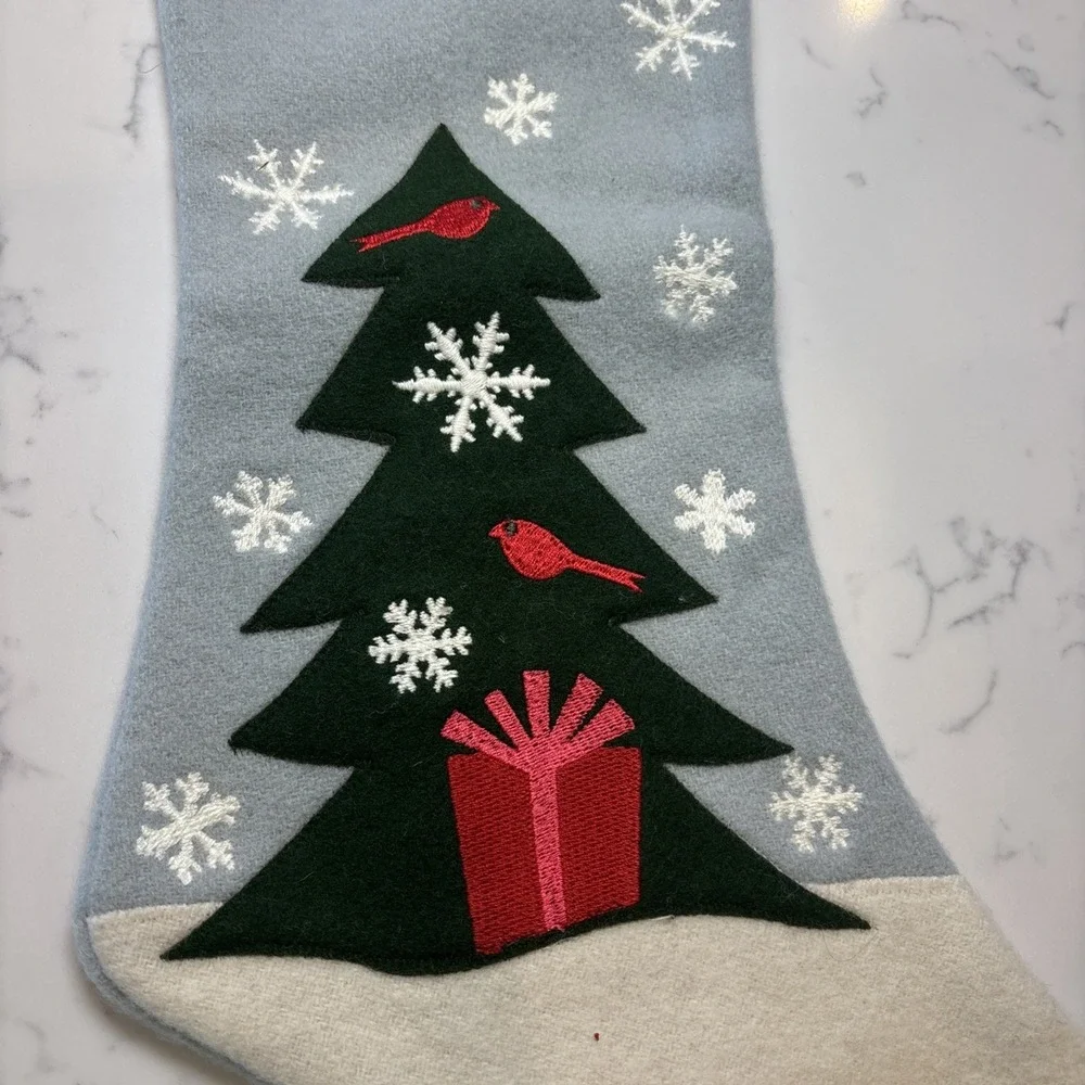 Crate & Barrel Aspen Fir Christmas Stocking Holiday Decor Wool Blend Light Blue
